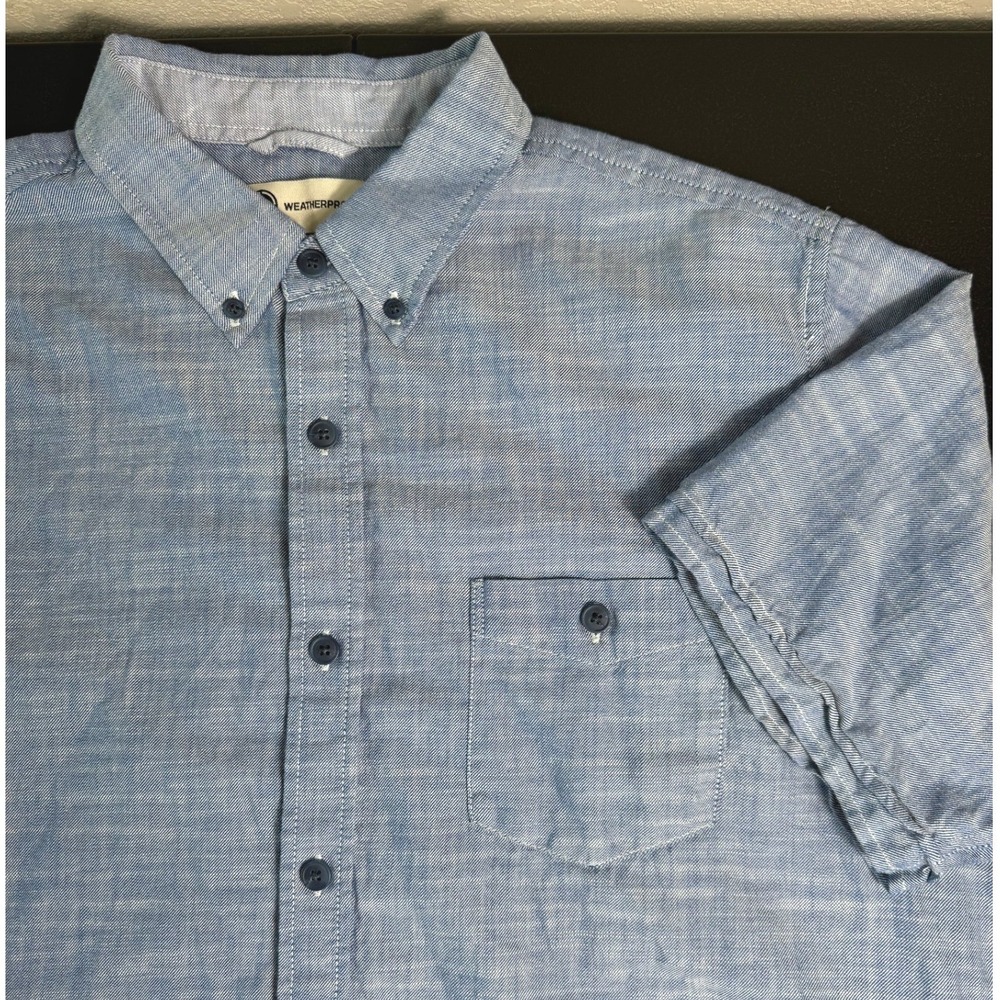 Weatherproof Mens Short Sleeve Button Down Shirt Blue Cotton Chambray Large